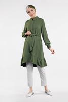 Tesettür giyim HAKİ BELİ KUŞAKLI ETEK UCU VOLANLI TUNİK 7655