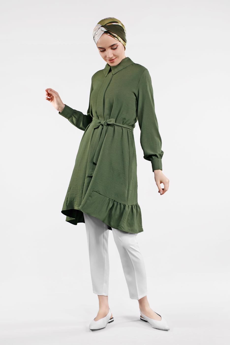 Tesettür giyim HAKİ BELİ KUŞAKLI ETEK UCU VOLANLI TUNİK 7655