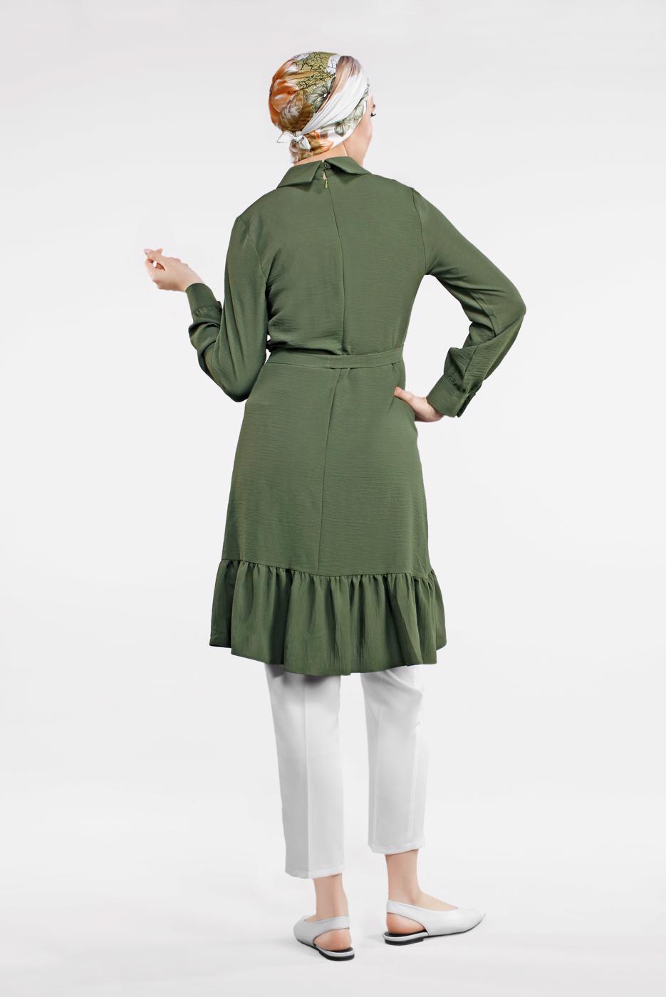Tesettür giyim HAKİ BELİ KUŞAKLI ETEK UCU VOLANLI TUNİK 7655