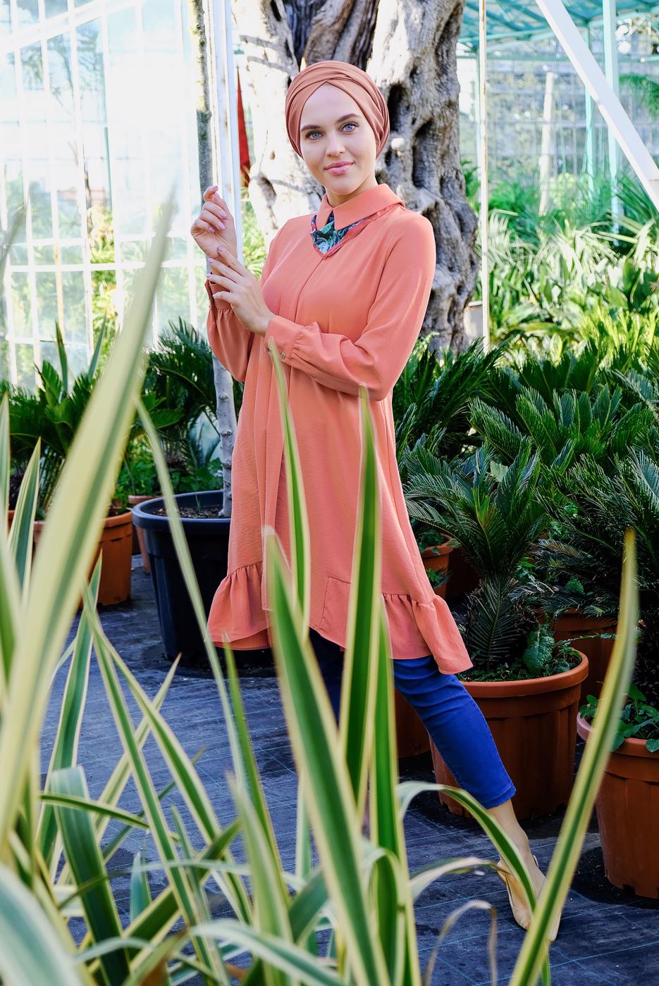 Tesettür giyim MERCAN BELİ KUŞAKLI ETEK UCU VOLANLI TUNİK 7655