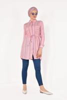 Tesettür giyim PUDRA BELİ BÜZGÜLÜ ÇİZGİ DESENLİ TUNİK T 7871