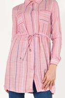 Tesettür giyim PUDRA BELİ BÜZGÜLÜ ÇİZGİ DESENLİ TUNİK T 7871