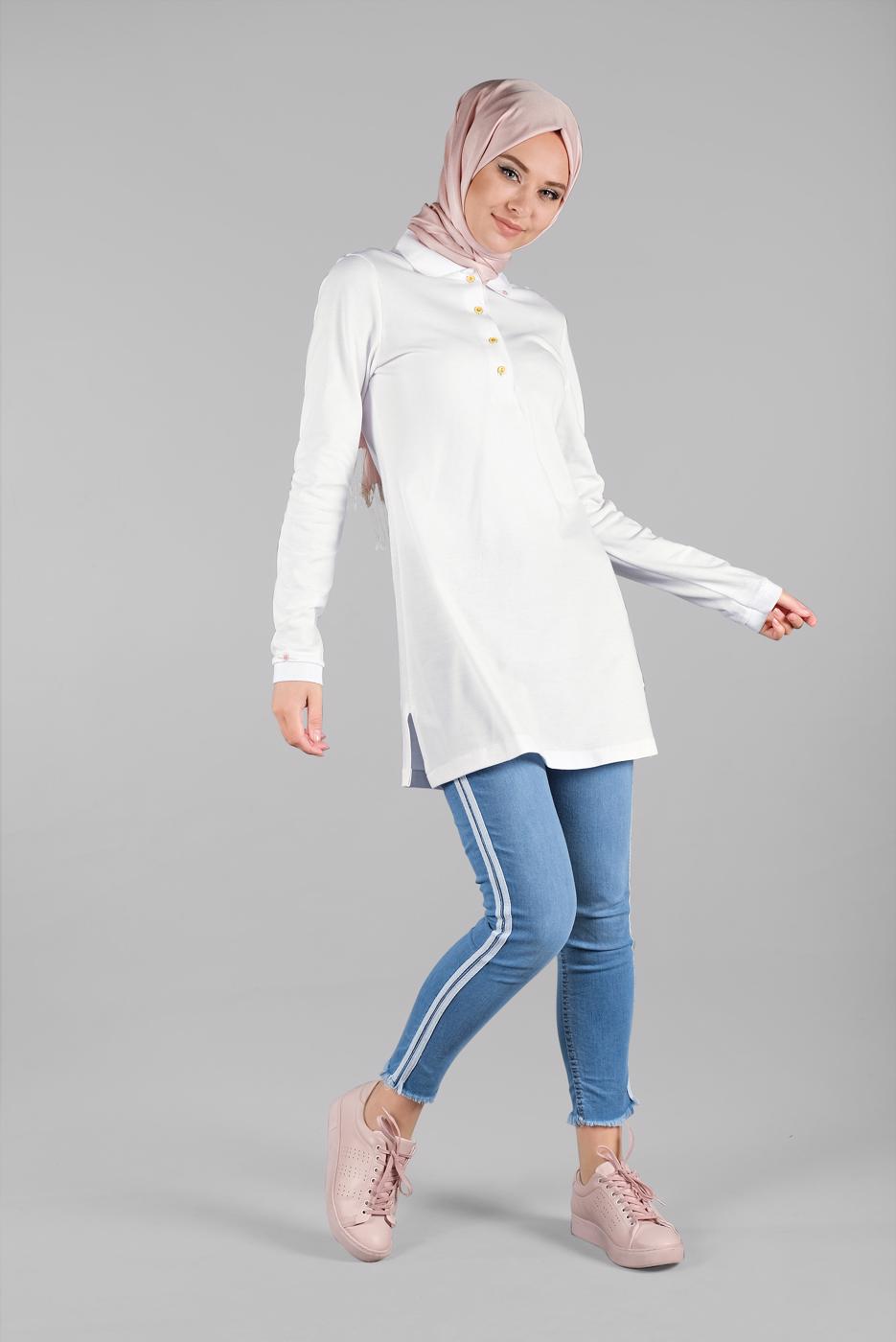 Vêtements hijab BLANC TUNIQUE À COL POLO 8107