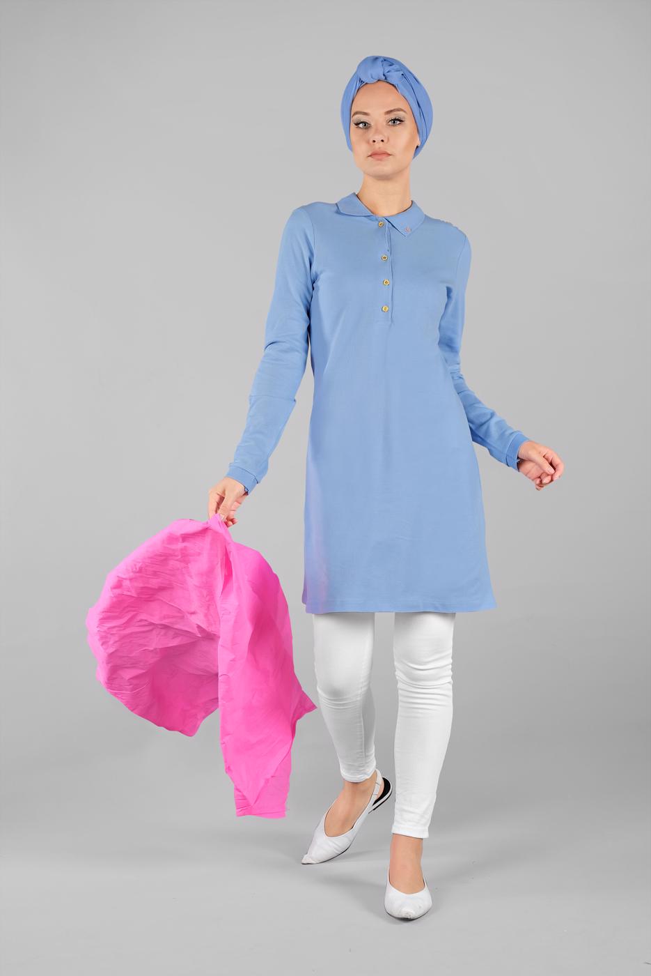 Vêtements hijab BLEU TUNIQUE À COL POLO 8107