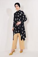 Tesettür giyim SİYAH FLORAL DESENLİ ASİMETRİK TUNİK T 8126