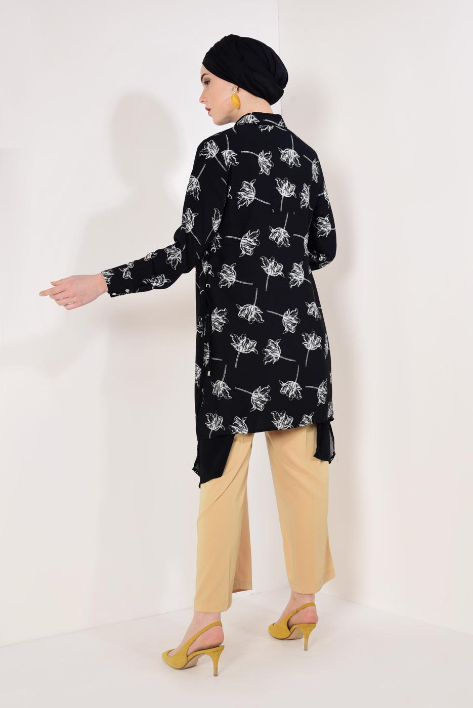 Tesettür giyim SİYAH FLORAL DESENLİ ASİMETRİK TUNİK T 8126