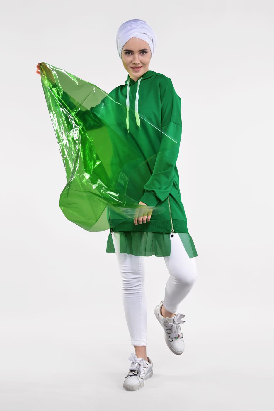 Hijab clothing GREEN TULLE-HEM HOODIE 8212 