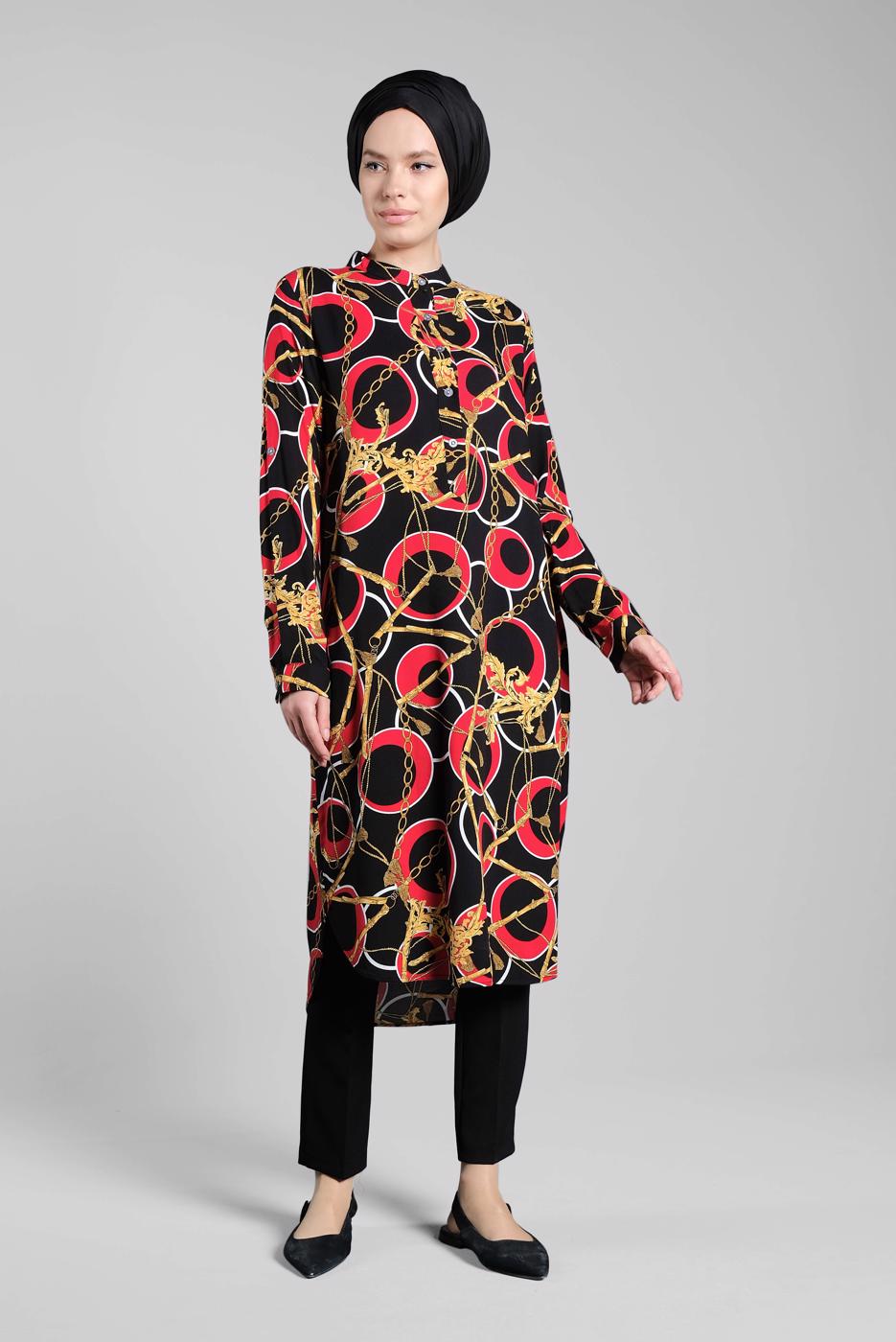 Tesettür giyim SİYAH MİX DESENLİ TUNİK 8314
