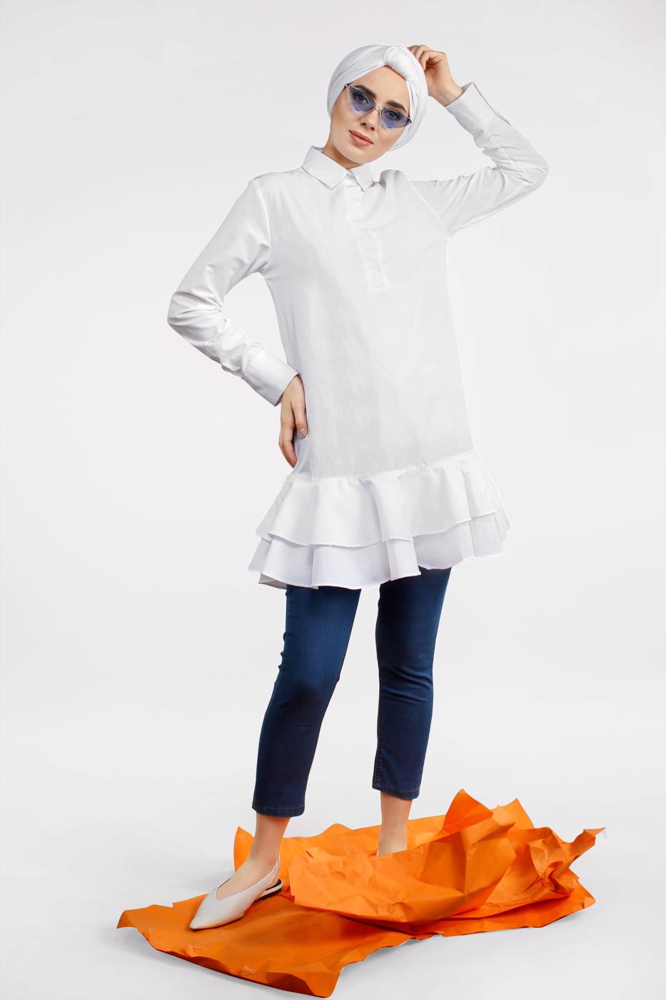 Vêtements hijab CRÈME TUNIQUE BOUTONNÉE À VOLANTS 8470 