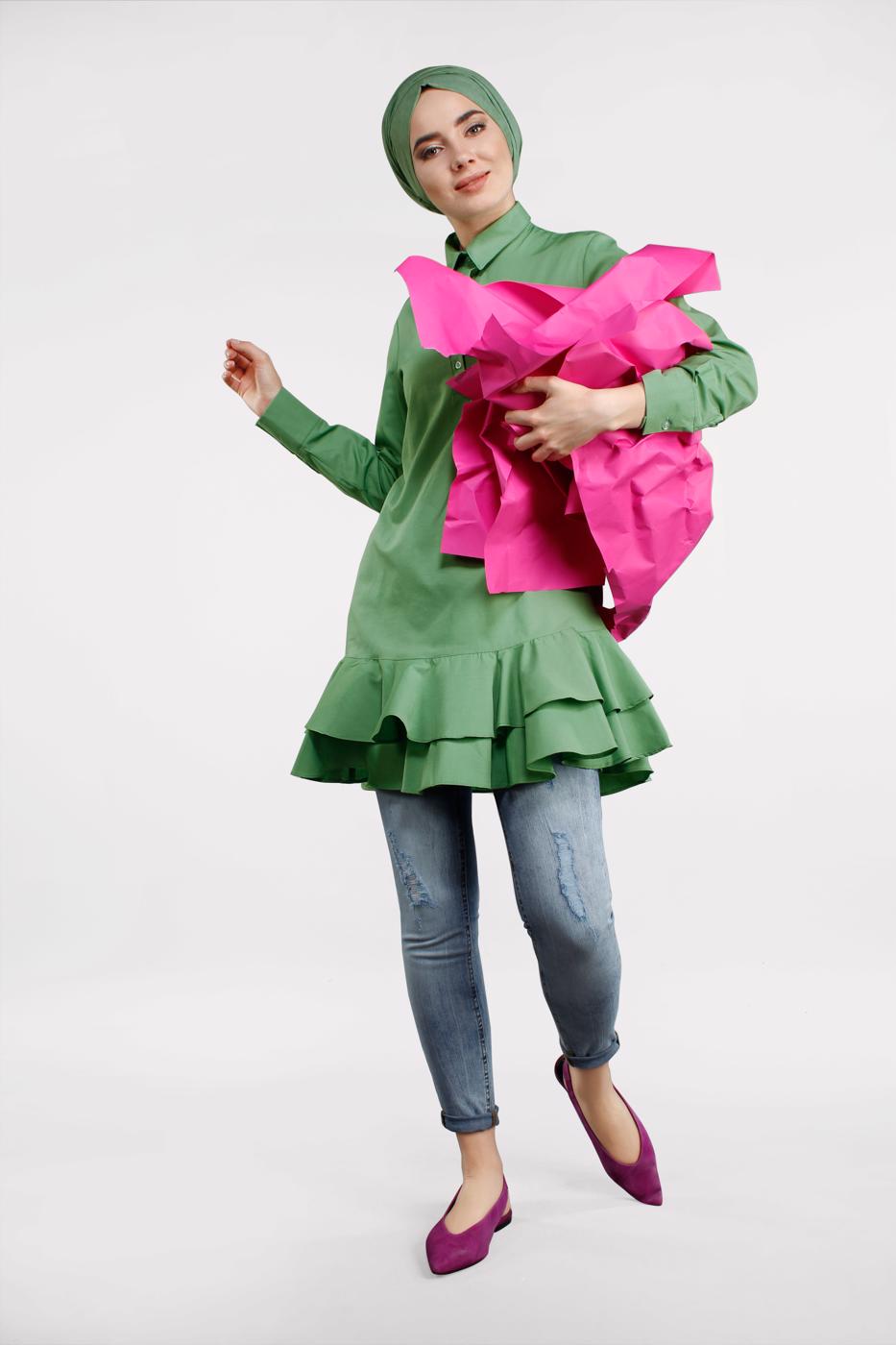 Vêtements hijab VERT TUNIQUE BOUTONNÉE À VOLANTS 8470 