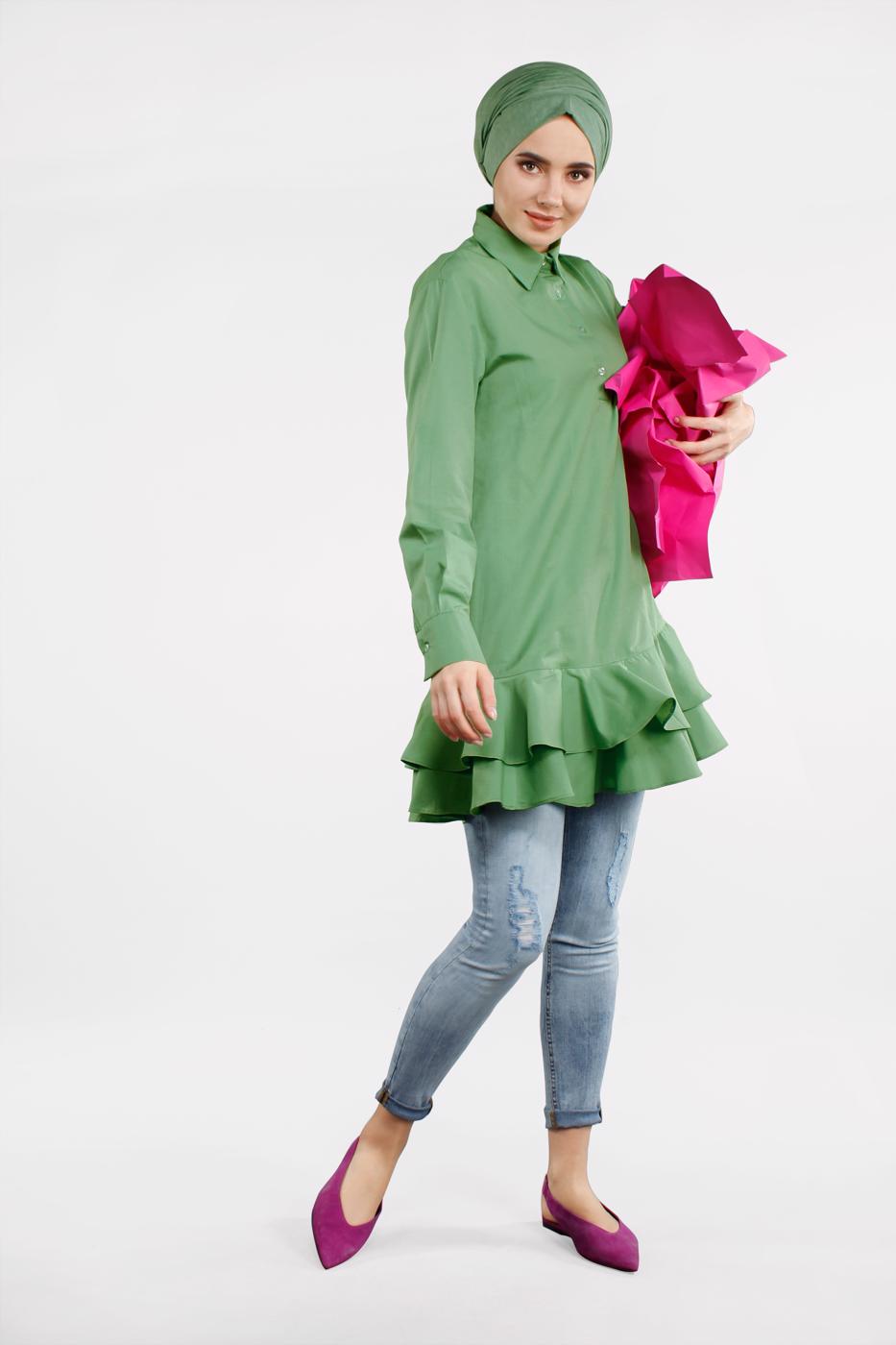 Vêtements hijab VERT TUNIQUE BOUTONNÉE À VOLANTS 8470 