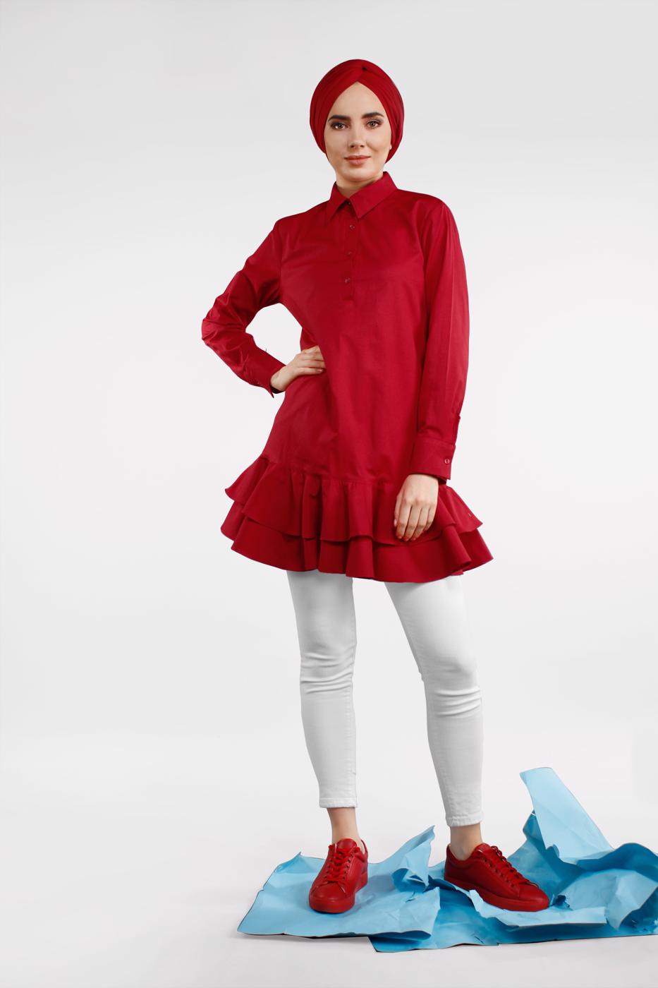 Vêtements hijab ROUGE TUNIQUE BOUTONNÉE À VOLANTS 8470 