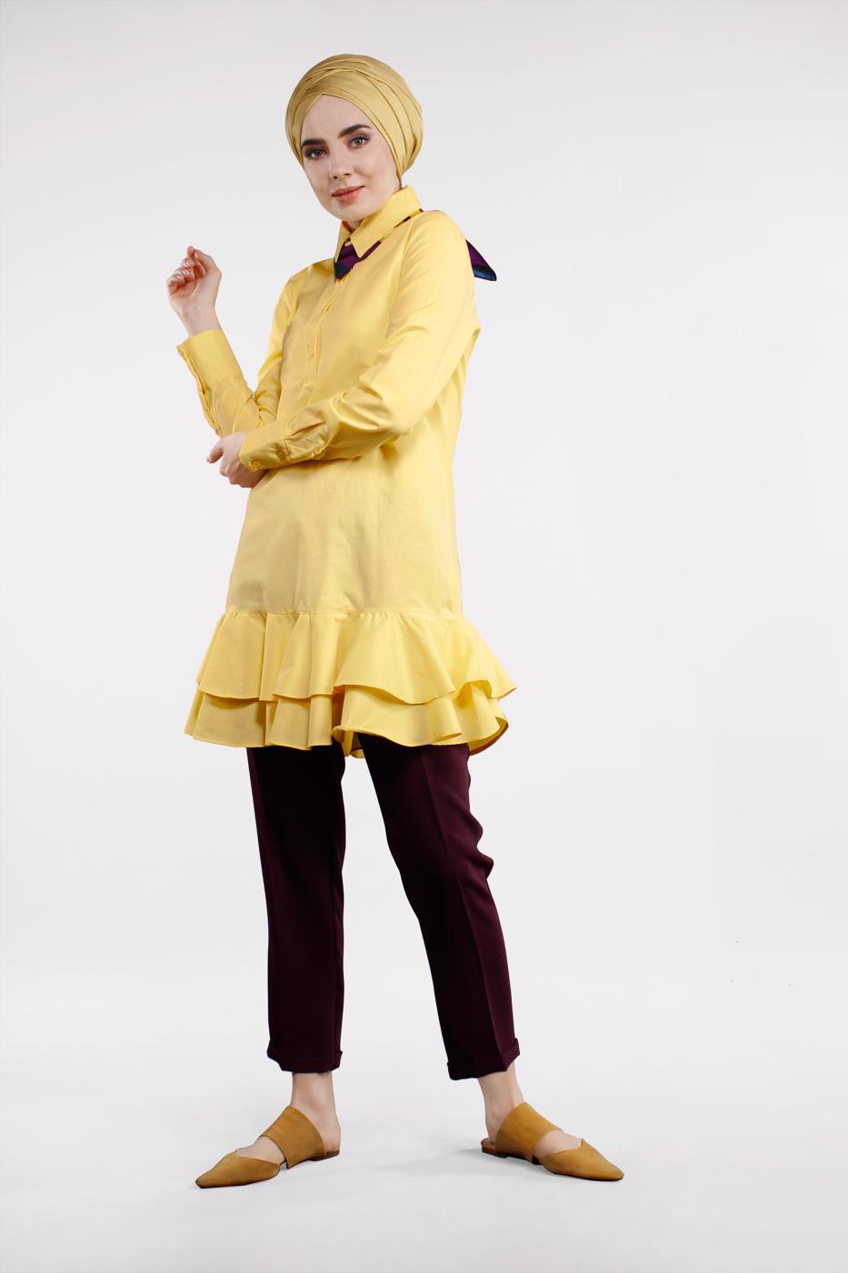 Hijab clothing YELLOW FLOUNCE-HEM BUTTONED TUNIC 8470 