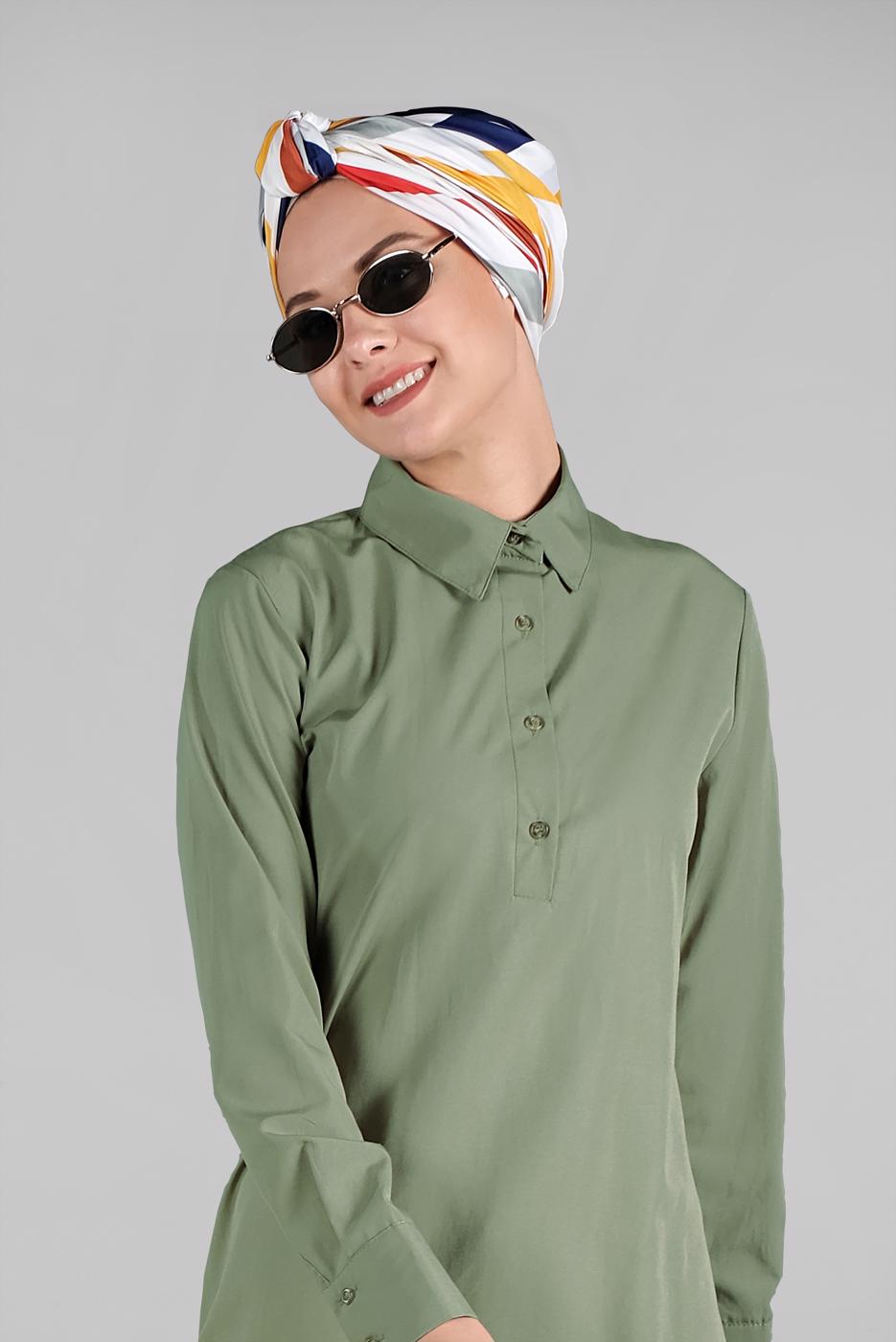 Vêtements hijab KAKI TUNIQUE BOUTONNÉE À VOLANTS 8470 