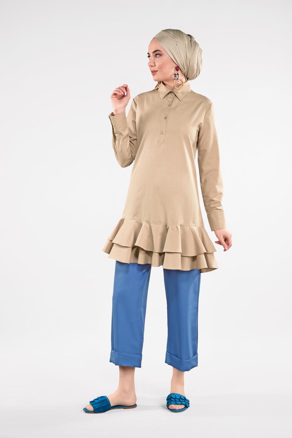 Vêtements hijab BRUN TUNIQUE BOUTONNÉE À VOLANTS 8470 