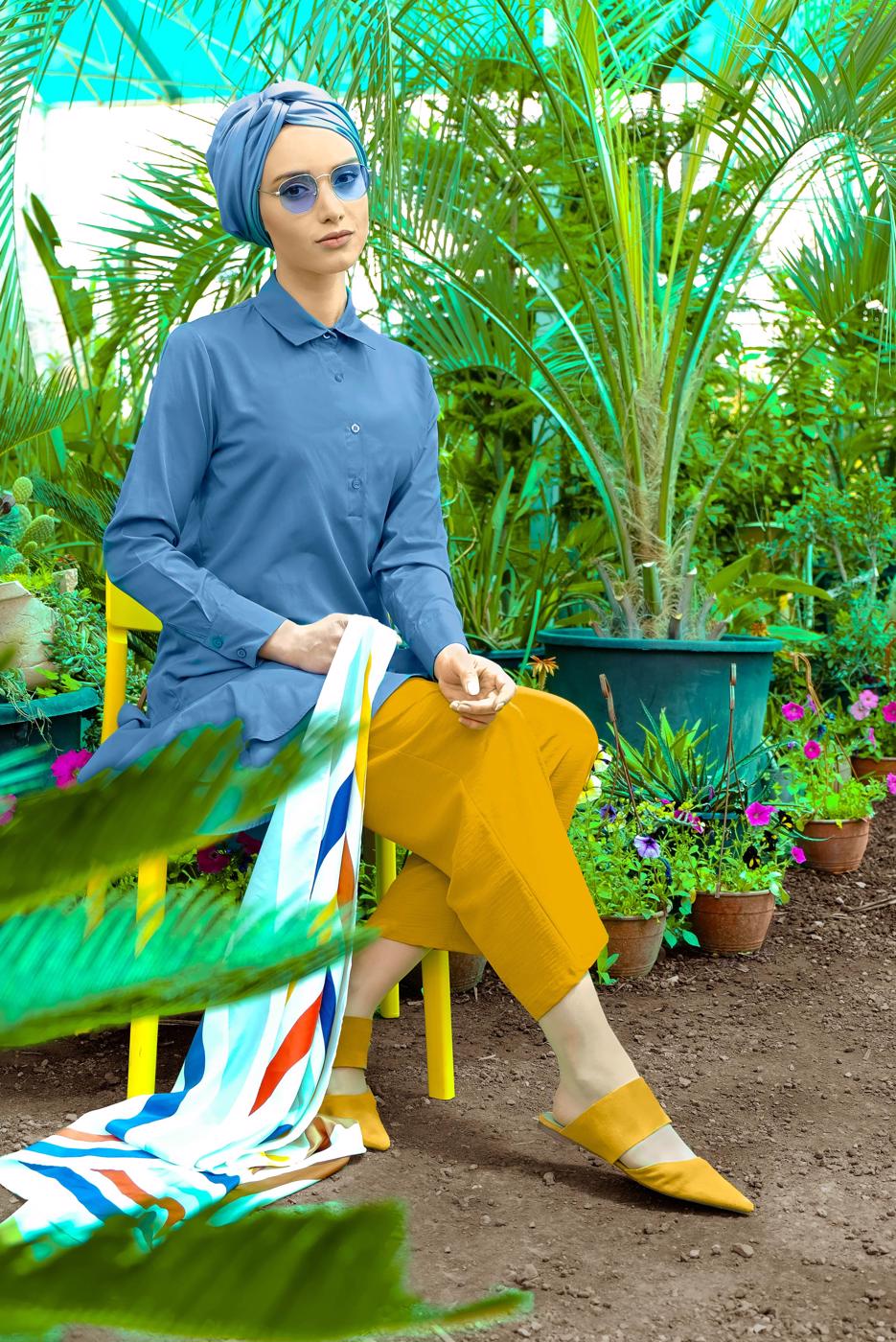 Hijab clothing BLUE FLOUNCE-HEM BUTTONED TUNIC 8470 