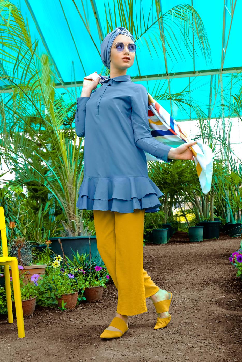 Hijab clothing BLUE FLOUNCE-HEM BUTTONED TUNIC 8470 