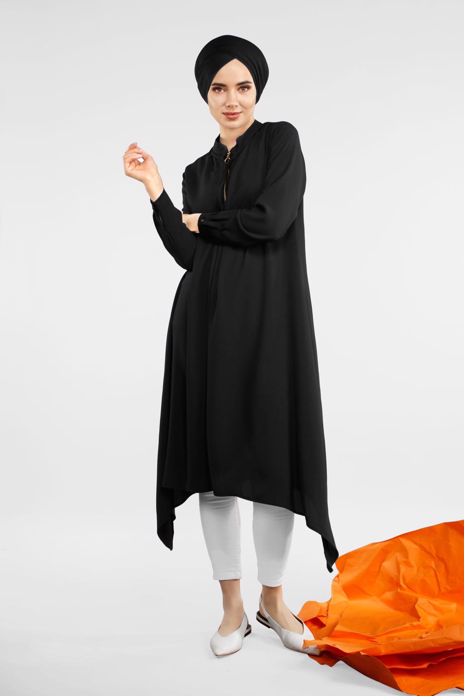 Vêtements hijab NOIR TUNIQUE ZIPPÉ À ASYMÉTRIQUE 8588 