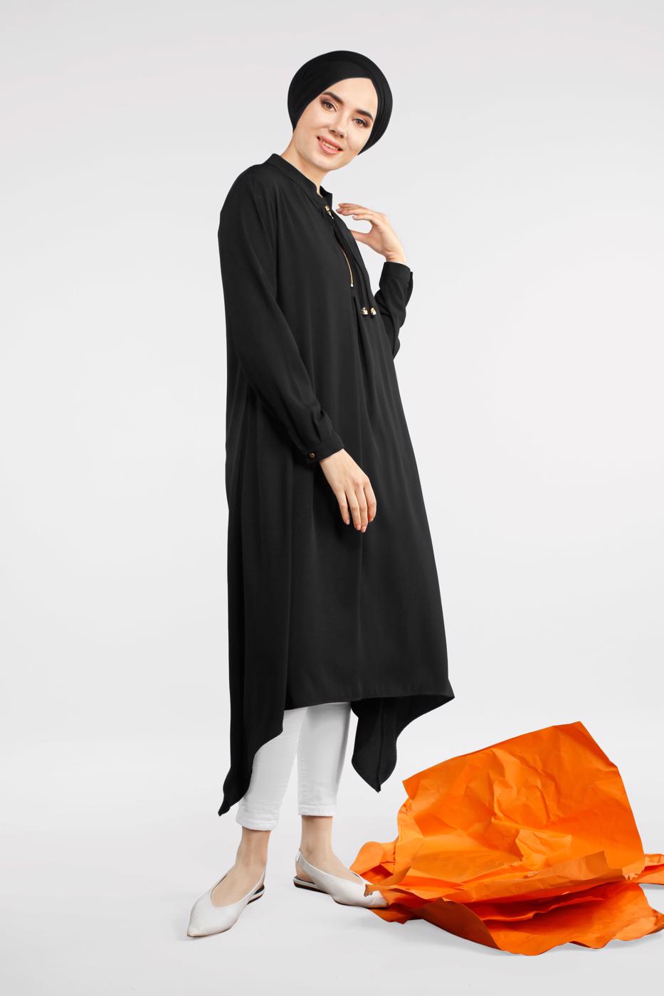 Vêtements hijab NOIR TUNIQUE ZIPPÉ À ASYMÉTRIQUE 8588 