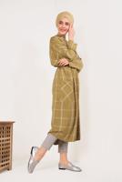 Tesettür giyim TURUNCU KARE DESENLİ SALAŞ UZUN TUNİK T 9426