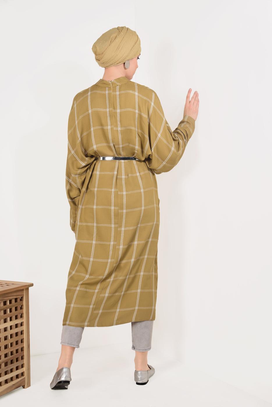 Tesettür giyim TURUNCU KARE DESENLİ SALAŞ UZUN TUNİK T 9426