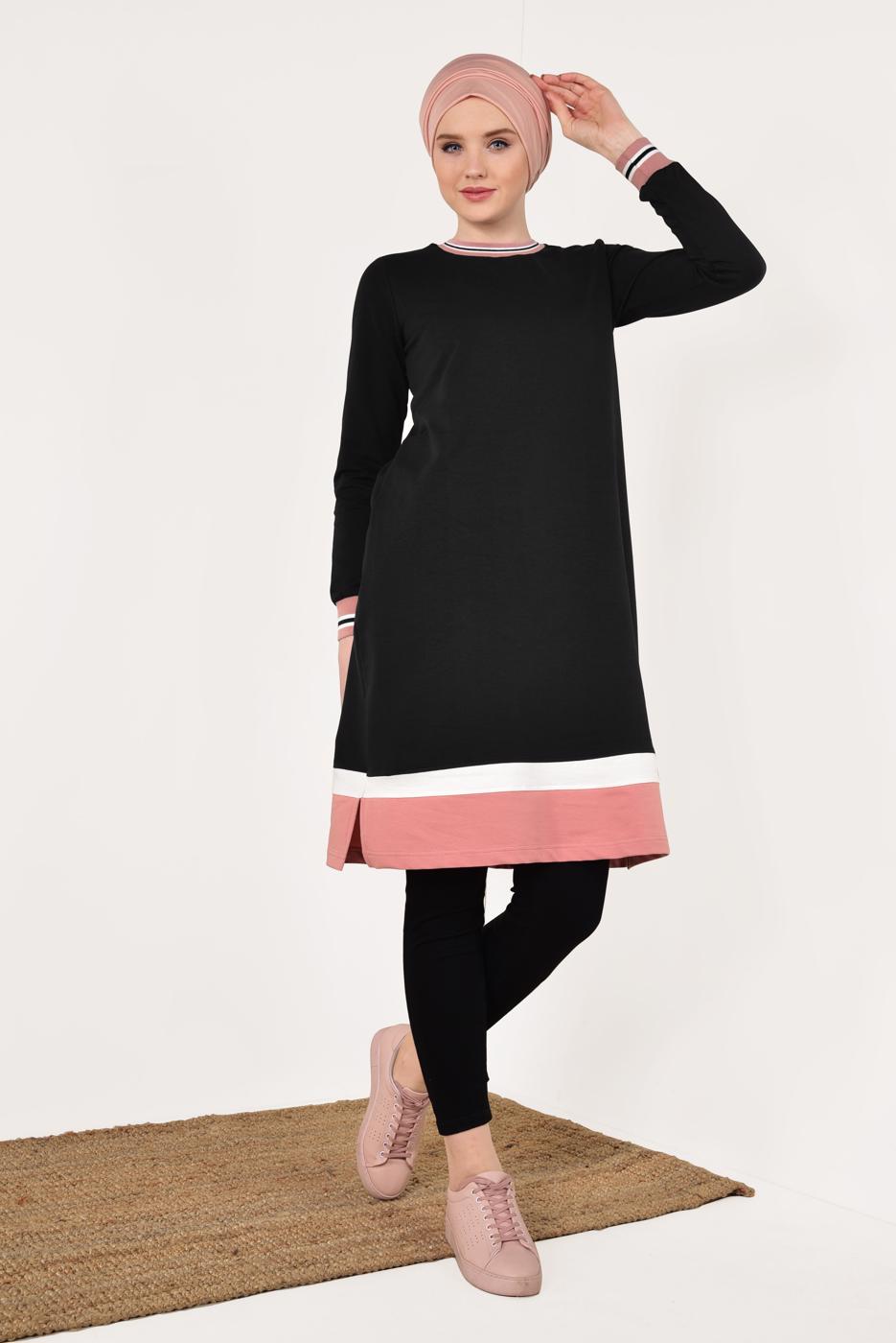 Tesettür giyim SİYAH KIRÇILLI PAMUKLU TUNİK 9428