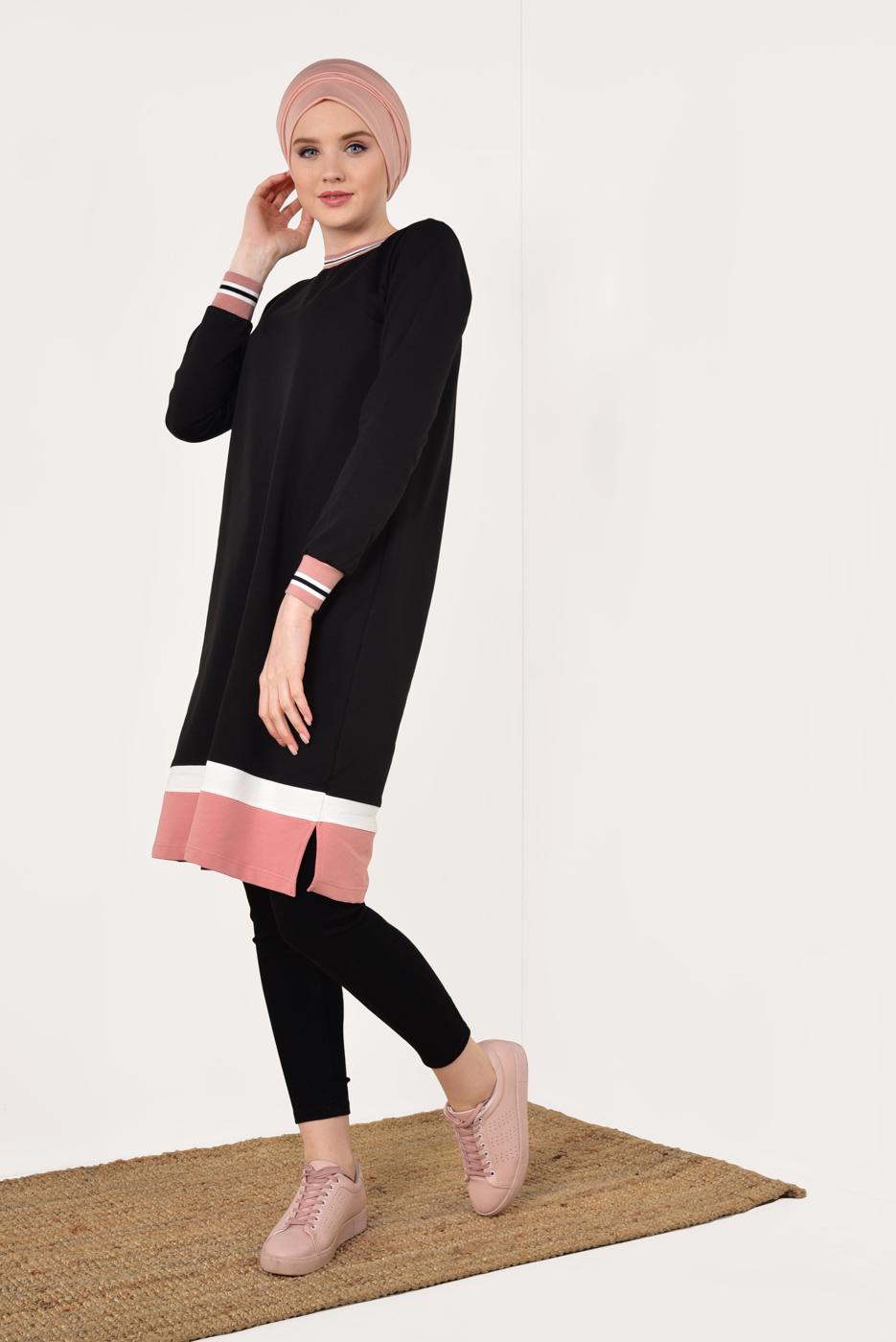 Tesettür giyim SİYAH KIRÇILLI PAMUKLU TUNİK 9428