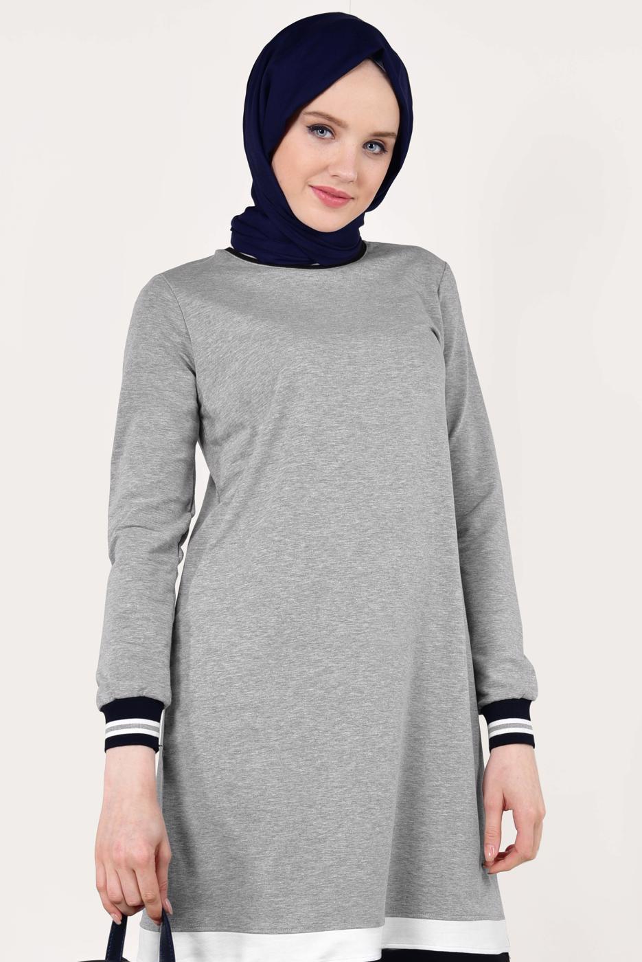 Tesettür giyim GRİ KIRÇILLI PAMUKLU TUNİK 9428