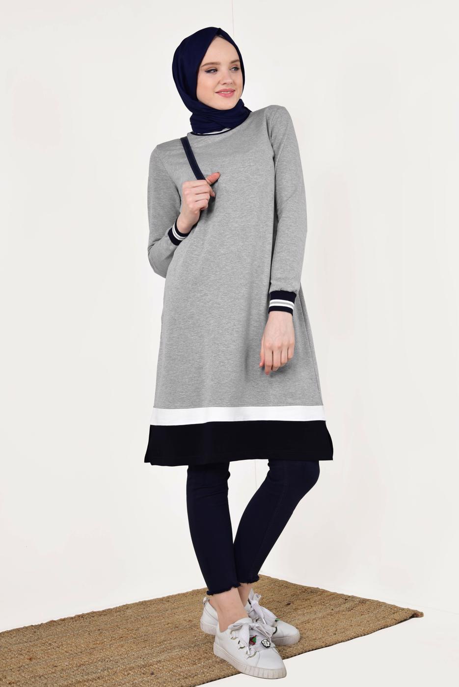 Tesettür giyim GRİ KIRÇILLI PAMUKLU TUNİK 9428