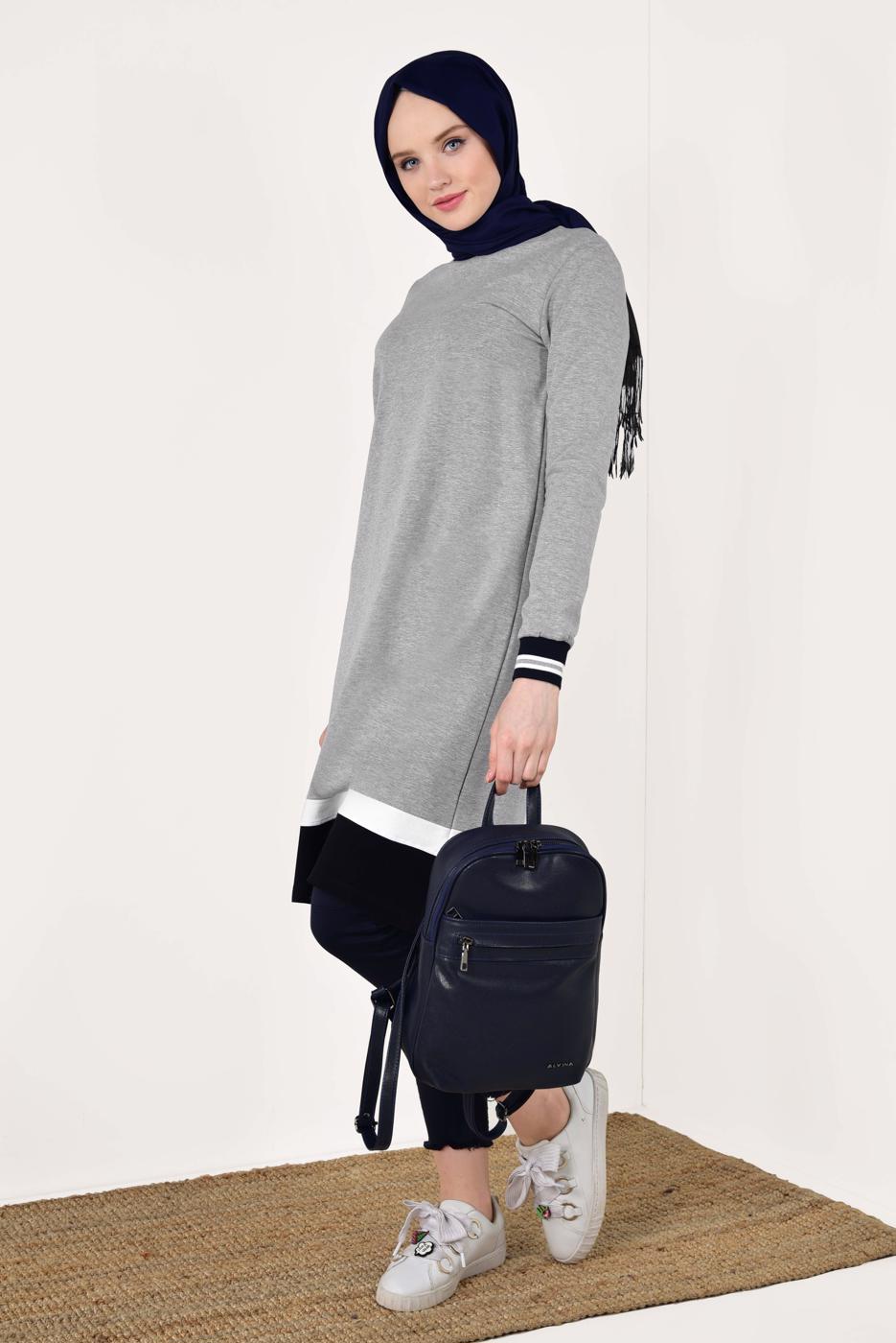 Tesettür giyim GRİ KIRÇILLI PAMUKLU TUNİK 9428