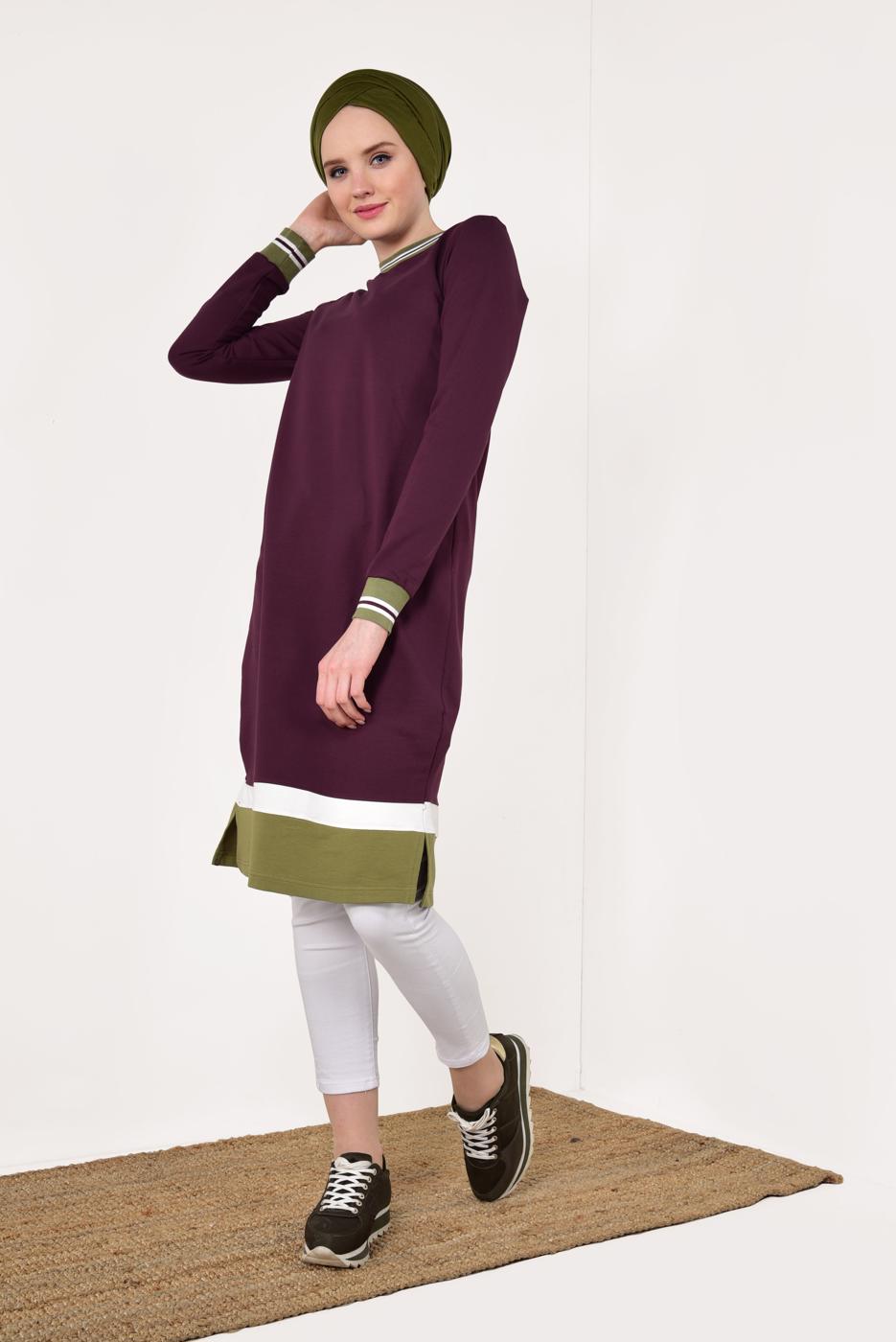 Tesettür giyim MÜRDÜM KIRÇILLI PAMUKLU TUNİK 9428