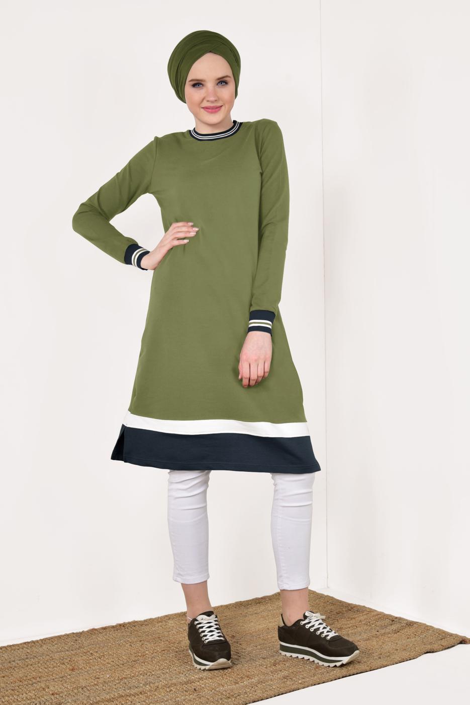 Tesettür giyim YEŞİL KIRÇILLI PAMUKLU TUNİK 9428