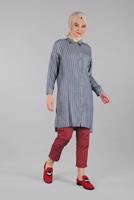 Tesettür giyim LACİVERT YANLARI YIRTMAÇLI ÇİZGİ DESENLİ PAMUKLU TUNİK 9526