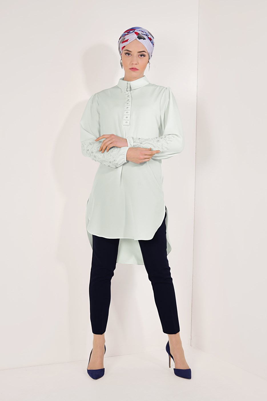 Hijab clothing ECRU GEM EMBROIDERED TUNIC 9548