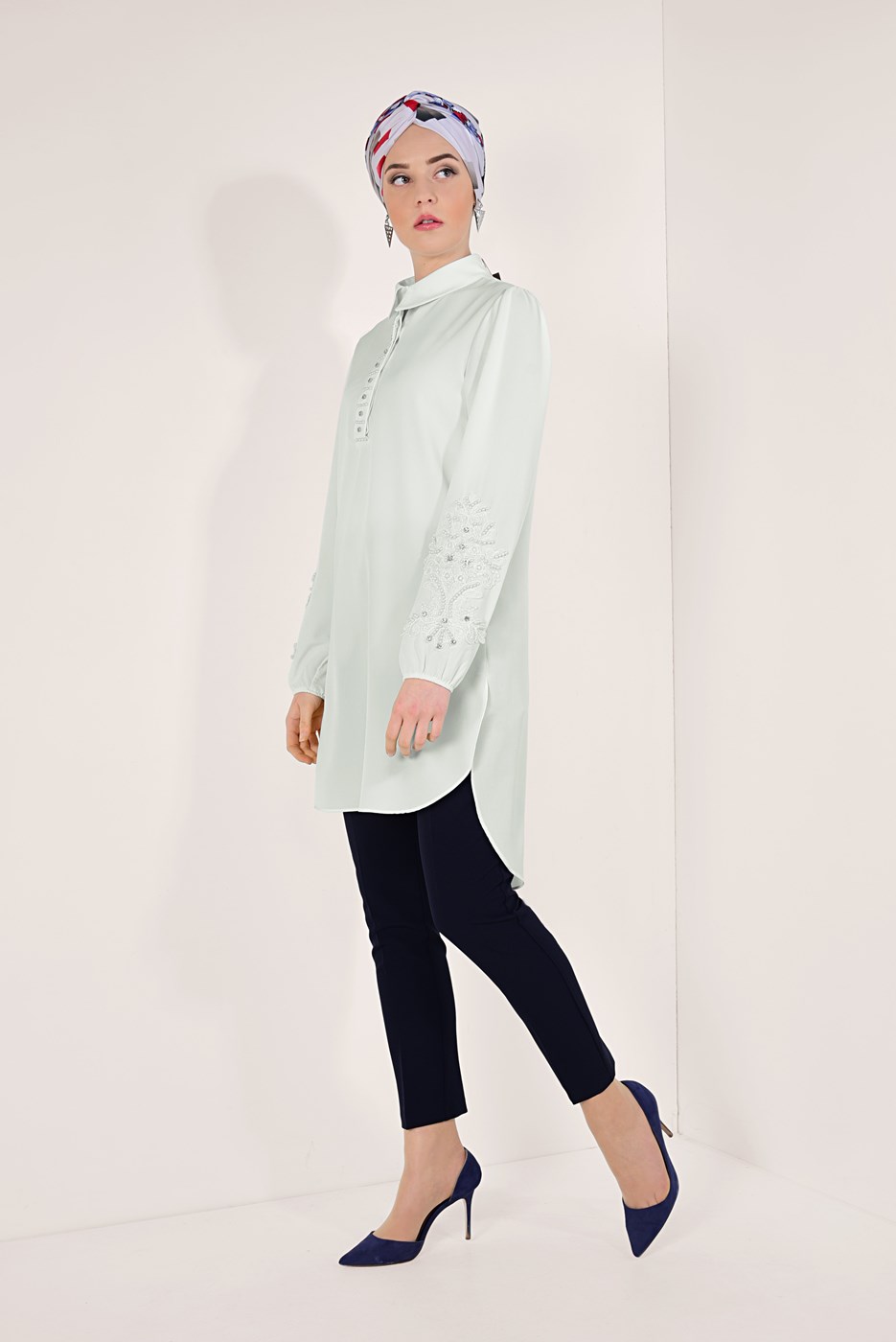 Hijab clothing ECRU GEM EMBROIDERED TUNIC 9548