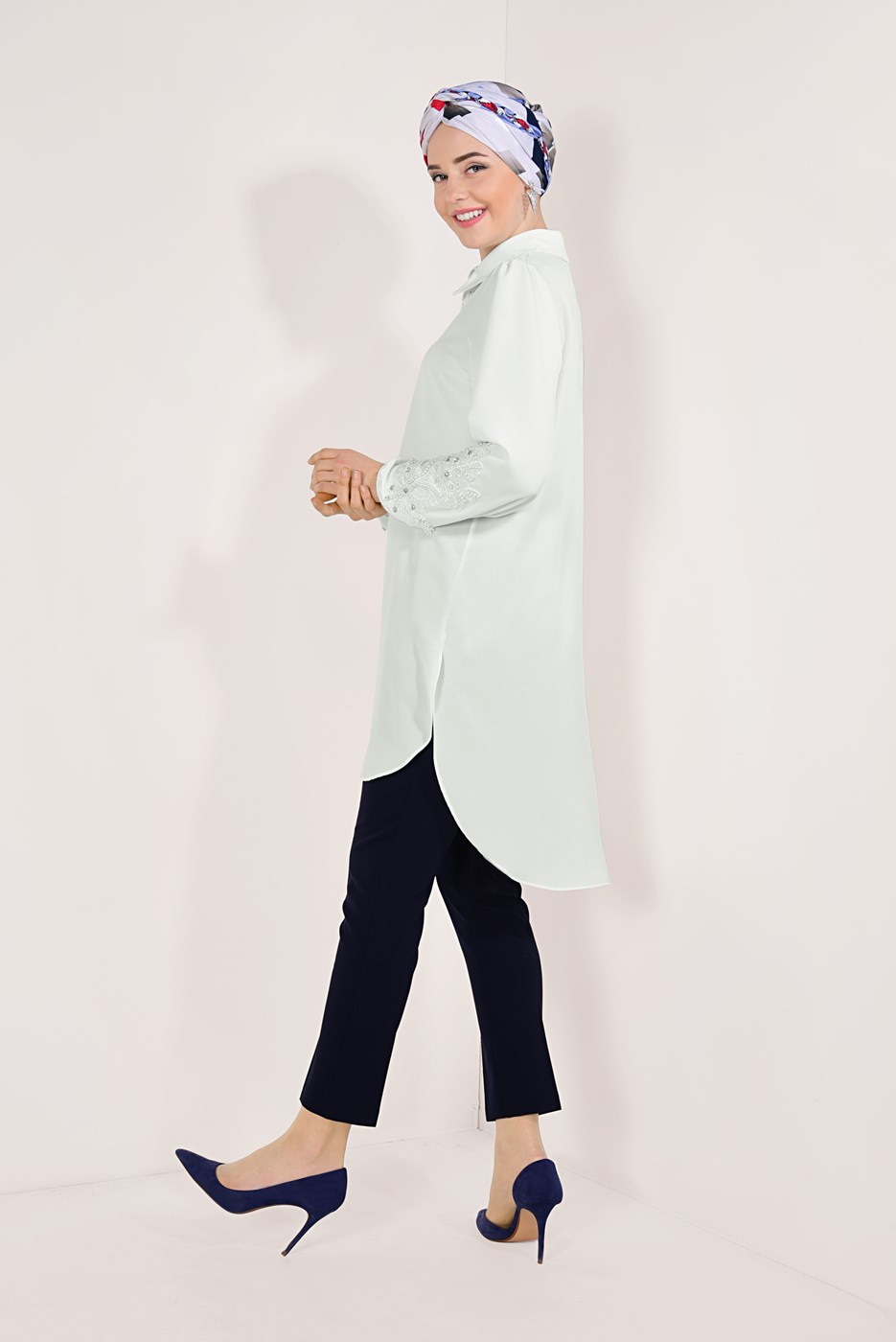 Hijab clothing ECRU GEM EMBROIDERED TUNIC 9548