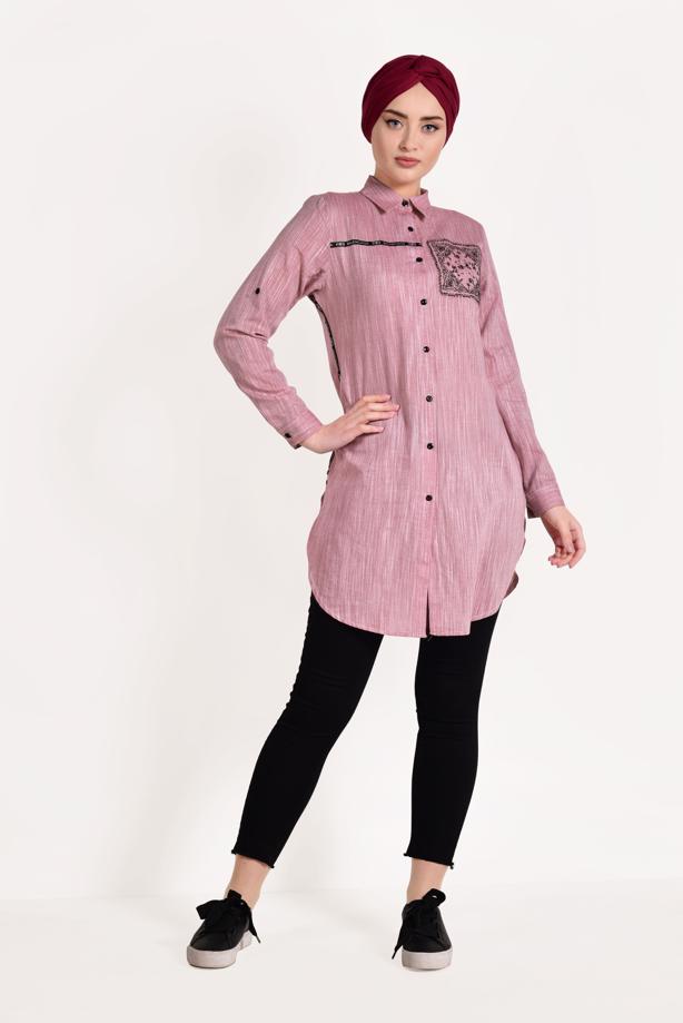 Tesettür giyim  NAKIŞ DETAYLI ÖNÜ DÜĞMELİ TUNİK 9729  - TRENDTESETTÜR