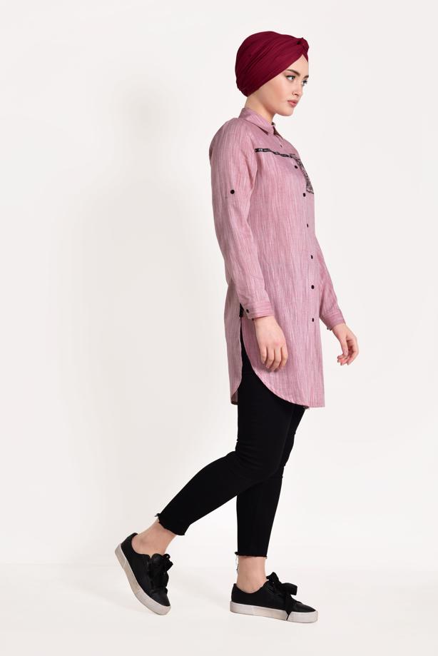 Tesettür giyim  NAKIŞ DETAYLI ÖNÜ DÜĞMELİ TUNİK 9729  - TRENDTESETTÜR