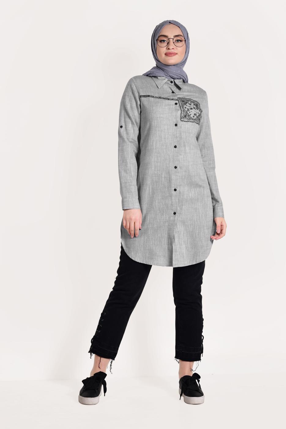 Hijab clothing GREY BUTTONED EMBROIDERED TUNIC 9729 