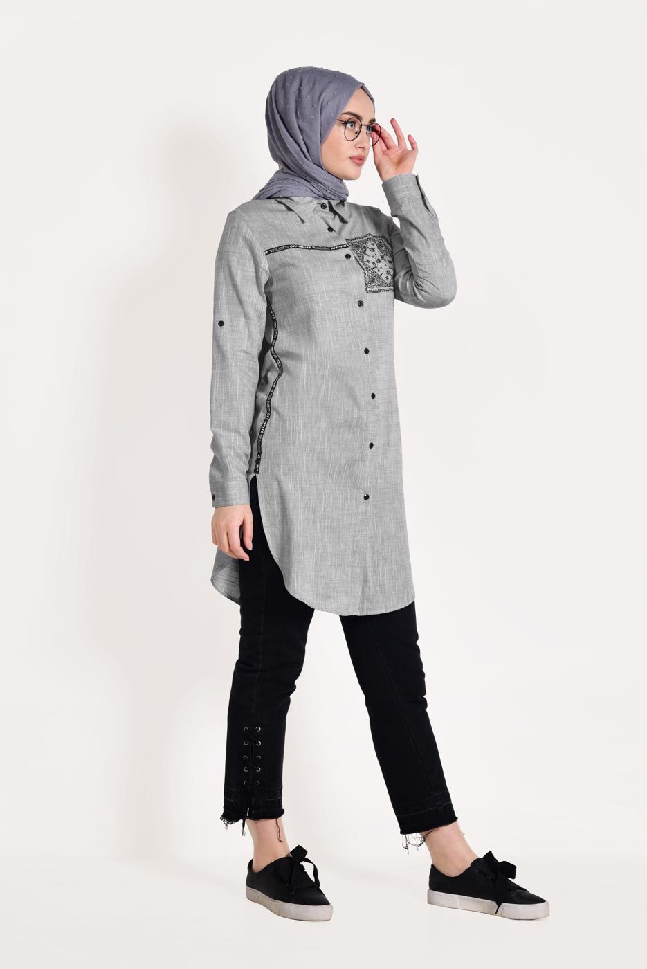 Hijab clothing GREY BUTTONED EMBROIDERED TUNIC 9729 