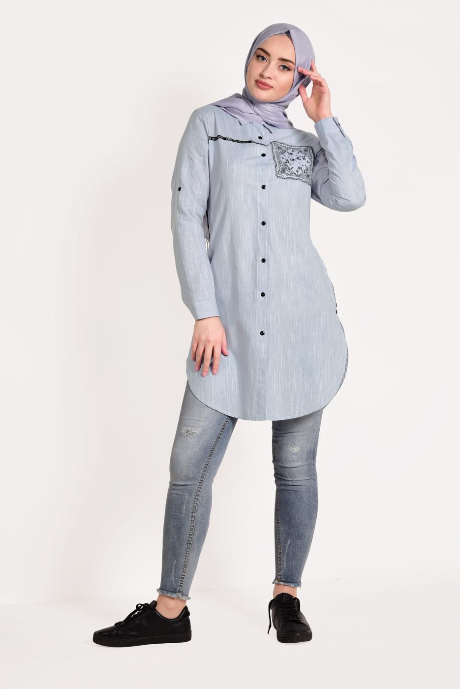 Tesettür giyim MAVİ NAKIŞ DETAYLI ÖNÜ DÜĞMELİ TUNİK 9729 