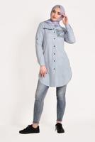 Tesettür giyim MAVİ NAKIŞ DETAYLI ÖNÜ DÜĞMELİ TUNİK 9729 