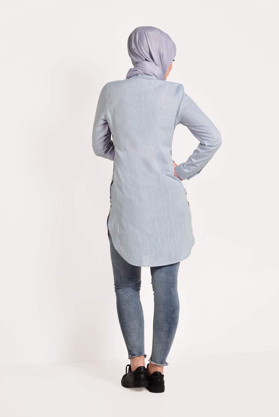 Tesettür giyim MAVİ NAKIŞ DETAYLI ÖNÜ DÜĞMELİ TUNİK 9729 