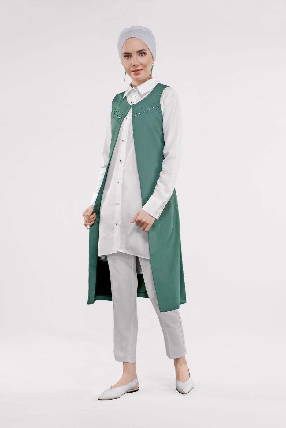 Vêtements hijab VERT COSTUME & VEST À CLOUTÉ 9747 