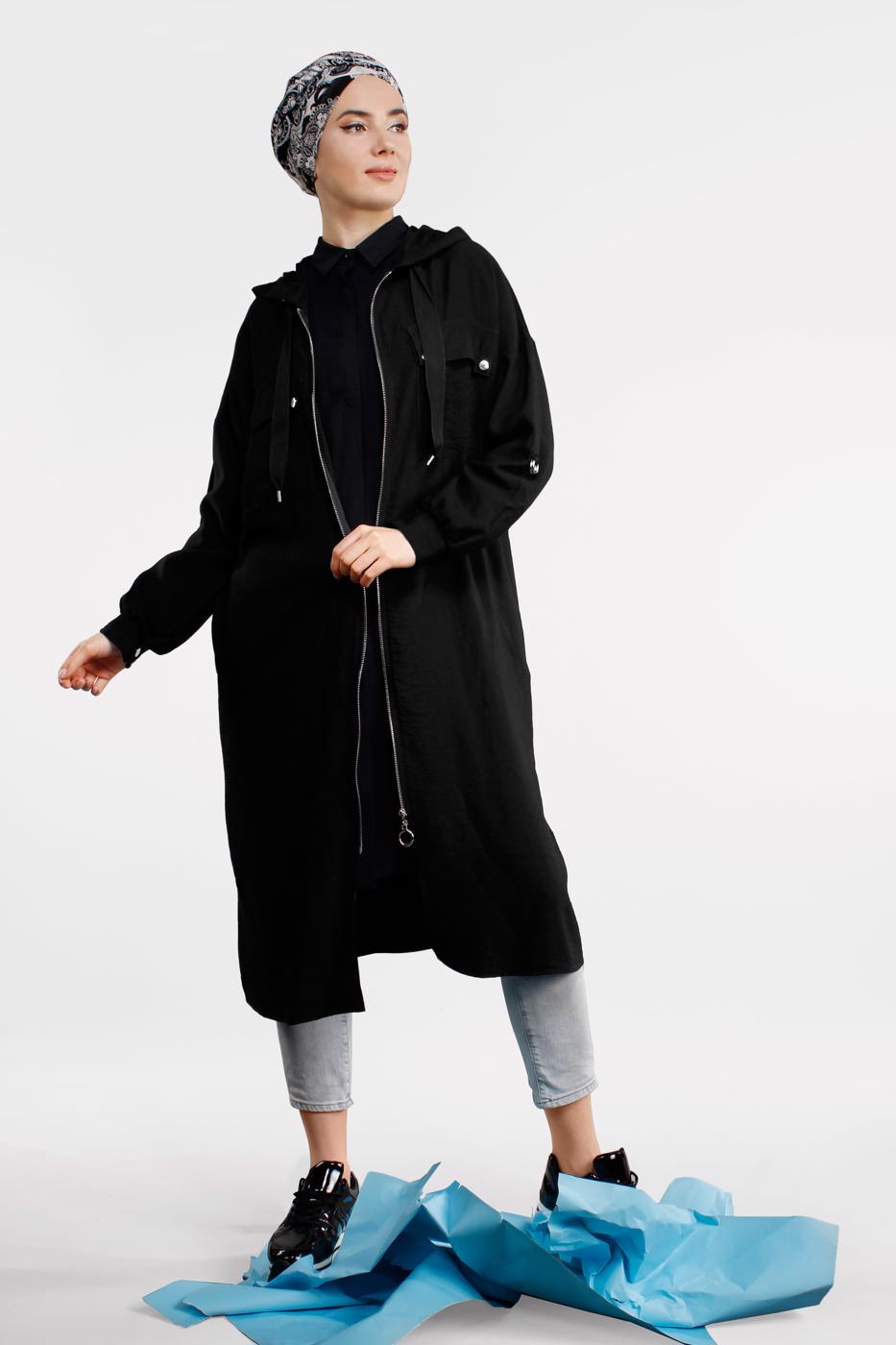 Vêtements hijab NOIR TRENCH-COAT ZIPPÉ À CAPUCHE 41191