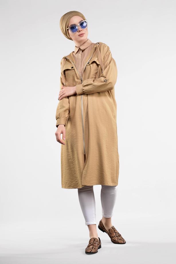 Vêtements hijab  ZIPPED HOODED TRENCH-COAT 41191 - TRENDTESETTÜR