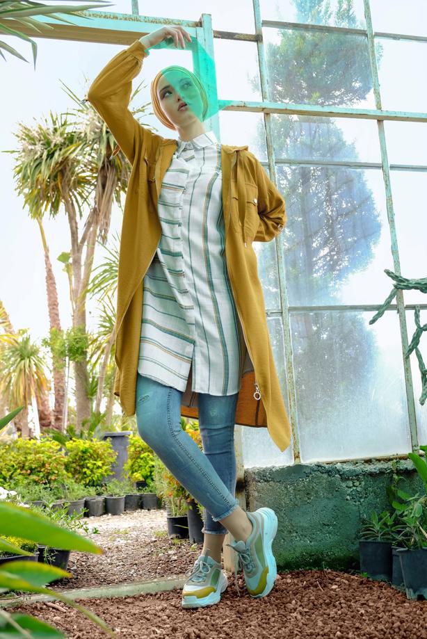 Vêtements hijab  ZIPPED HOODED TRENCH-COAT 41191 - TRENDTESETTÜR