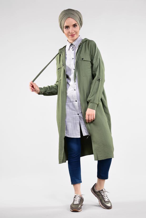 Vêtements hijab  ZIPPED HOODED TRENCH-COAT 41191 - TRENDTESETTÜR