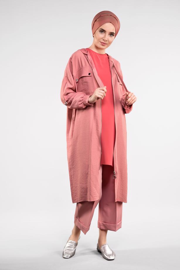 Vêtements hijab  ZIPPED HOODED TRENCH-COAT 41191 - TRENDTESETTÜR