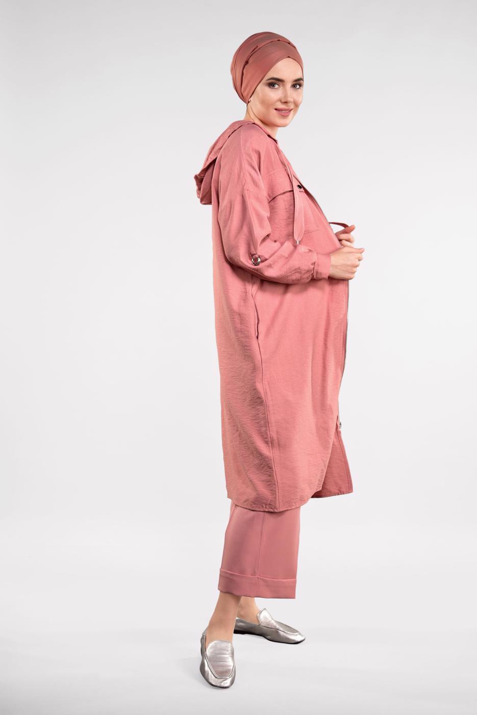 Tesettür giyim PEMBE FERMUARLI KAPÜŞONLU TRENÇKOT 41191